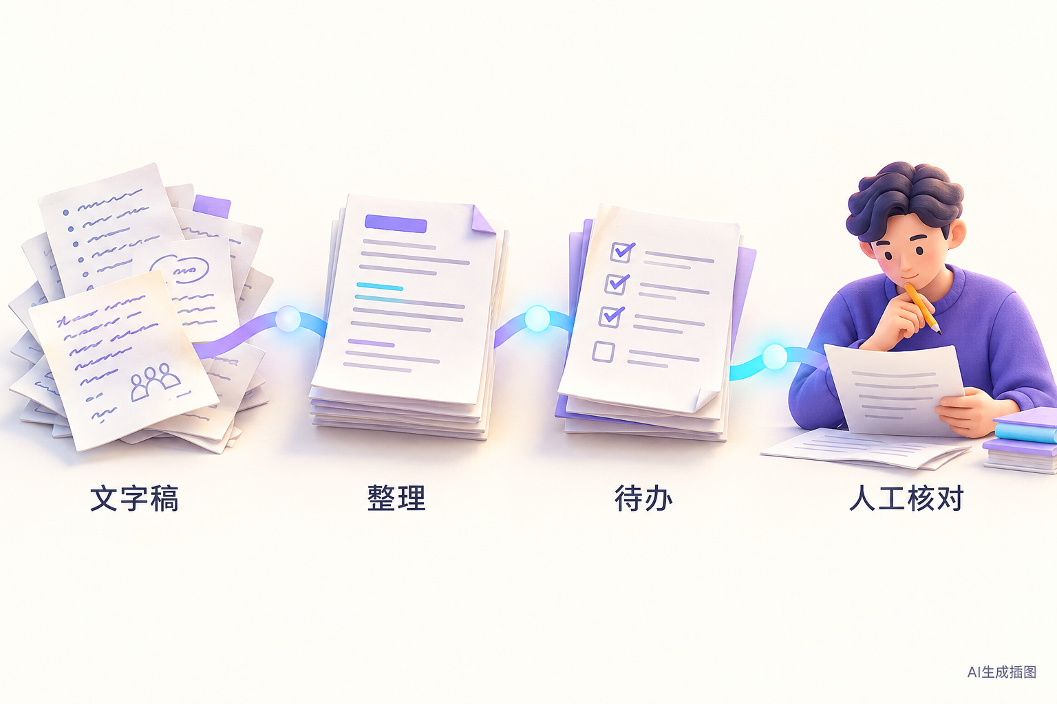 文字稿、整理、待办、人工核对四步示意
