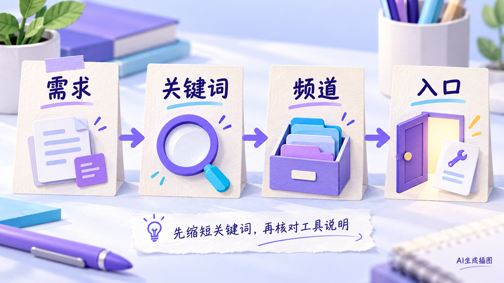 需求、关键词、频道、入口的四步概念图
