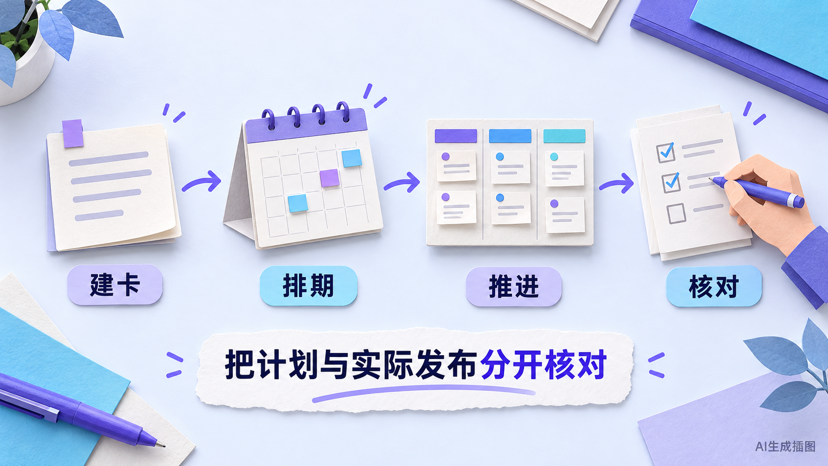 建卡、排期、推进、核对四步概念图