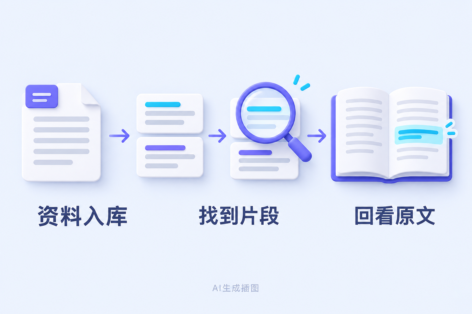 资料入库、找到片段、回看原文的概念方法图